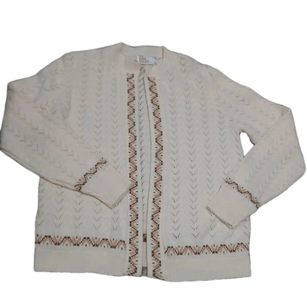 Vtg It’s Pure Gould Cardigan Sweater Cream Brown Embroidered Knit Made in‎ USA